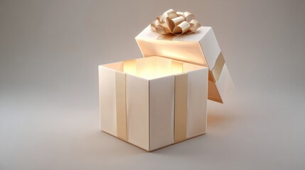 Open gift box, cream color with gold ribbon, glowing light inside