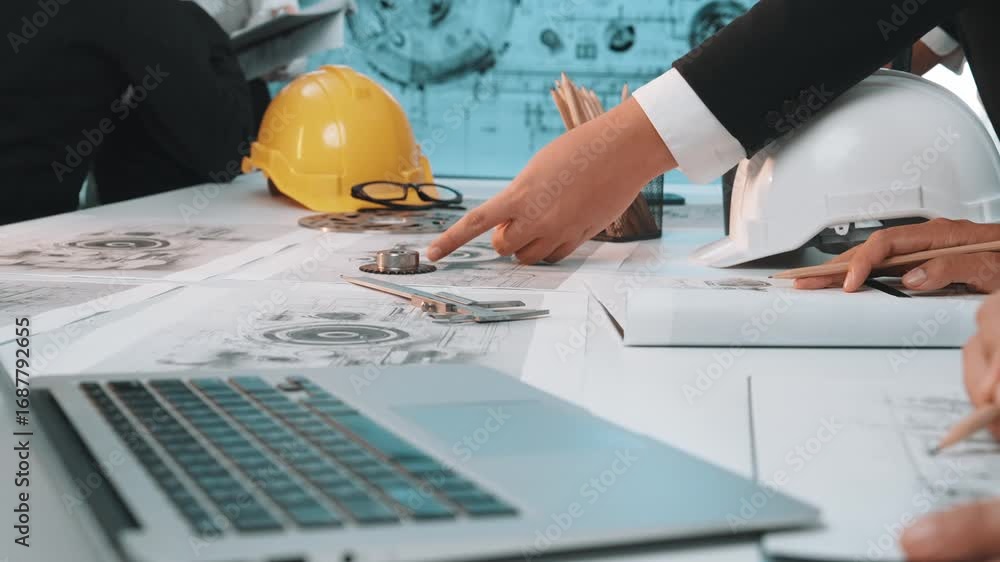 Poster a group of professionals collaborates in a modern office setting, analyzing technical drawings and d