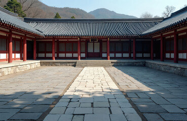 Traditional Korean house courtyard features stone pathways and tiled roofs. Red columns support covered walkways around a central stone patio. Mountains rise in the background under a clear blue sky.