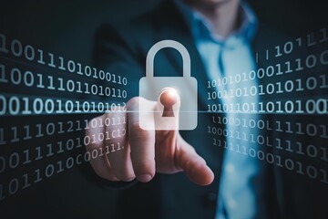 Businessman Pressing Lock Icon with Binary, Cyber Security Concept Showing Digital Privacy, Safe Online Transactions, Cloud Data Protection, Global Network Safety, Password Access, Confidential System