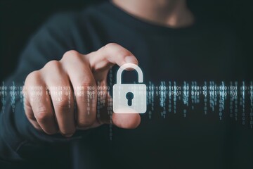 Businessman Pressing Lock Icon with Binary, Cyber Security Concept for Data Protection, Safe Online Connection, Digital Privacy, Cloud Storage, Global Network System, Confidential Access, Secure Login