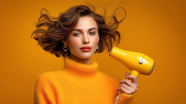 Young woman holds vibrant yellow hair dryer while displaying styled hair in warm orange backdrop. Concept of beauty, hair care, fashion influence, hair salons