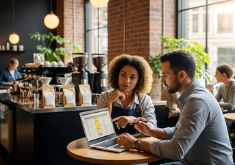 Two colleagues discuss business analytics at a cafe table, with a laptop displaying charts and graphs