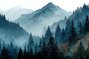 Obraz premium Mountain landscape with rain falling through evergreen trees in a misty forest setting