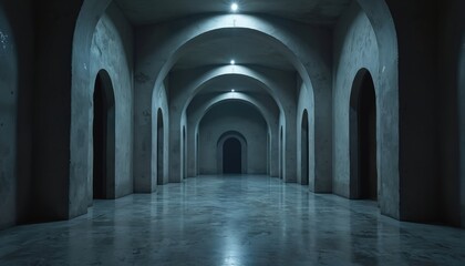 Fototapeta premium Empty, arched corridor reflecting dark, muted tones. Smooth concrete, stone architecture, minimalist modern gallery space, long perspective. Symmetric design, illuminated hall, conceptual, industrial