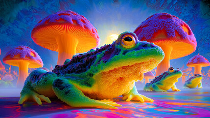 Colorful frog sits on reflective surface beside oversized mushrooms. Surreal, artistic environment filled with vivid colors and abstract lighting. Concept of fantasy, wildlife art, creative design