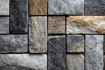 Beautifully arranged granite stones create a textured wall in a modern interior, showcasing shades of gray and brown