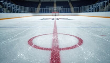 Close-up ice hockey rink surface shows textured white ice marked with red center line, face-off circle. Blurred background arena seats, goal net. Top-down perspective emphasizes game lines, smooth