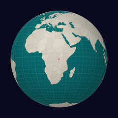 Republic of Burundi on the map. Globe centered to Burundi. Country location on the world map. Teal Pale Mint color palette. Globe with countries, meridians and parallels. Creative vector illustration.