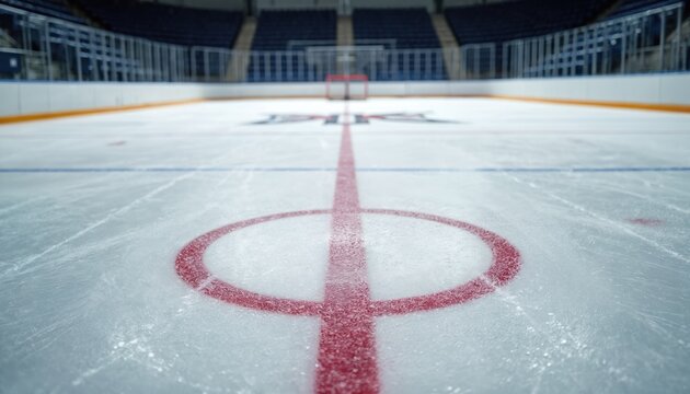 Close-up ice hockey rink surface shows textured white ice marked with red center line, face-off circle. Blurred background arena seats, goal net. Top-down perspective emphasizes game lines, smooth