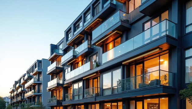 Modern apartment building exterior featuring expansive windows, balconies against clear sky. Architectural marvel contemporary urban living with sleek facades, inviting residential spaces.