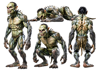 A character sheet featuring a scary, muscular green goblin in various action poses and views.