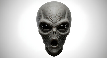 Obraz premium Eerie alien head with large black eyes isolated on white background, spooky Halloween concept for commercial use.