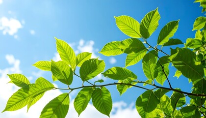 Obraz premium Vibrant green leaves of a branch against a clear blue sky with fluffy white clouds, showcasing the beauty of nature.