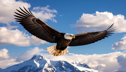 Obraz premium Majestic bald eagle soaring freely against a backdrop of snowy mountains and a vibrant blue sky.