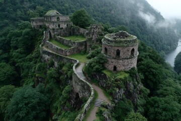 Ruins of an ancient castle nestled among lush green hills beside a winding river in foggy weather