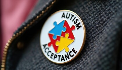 Autism acceptance badge features puzzle pieces in vibrant red blue yellow colors. Worn at community event celebrating diversity inclusion. Advocacy support awareness compassion understanding for