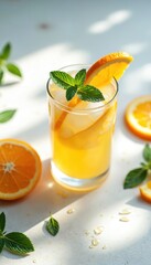 Refreshing citrus juice blend with honey, mint. Orange, grapefruit, lemon flavors in glass with ice, orange slices. Natural sweet drink with mint sprigs, perfect for summer refreshment, hydration,