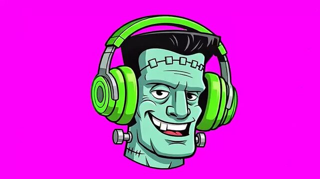 Vibrant Animated Cartoon of Frankensteins Monster Grooving with Neon Green Headphones.