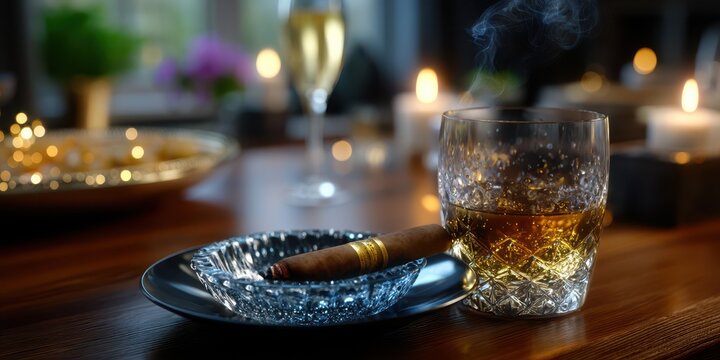 Elegant setting featuring a whiskey glass and cigar with ambient candlelight in a cozy lounge at night