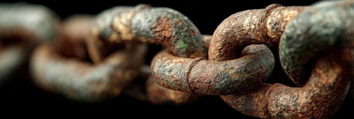 Rusty metal chain links demonstrating age and wear in close-up against a dark background