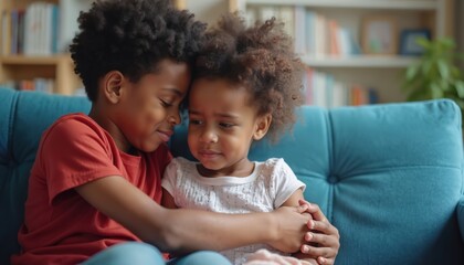 Brother hugs upset sister on couch. Siblings share family support and care. Children display friendship, comfort, love. Brother offers comfort to distressed sister in home setting.