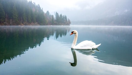 Swan on a misty lake