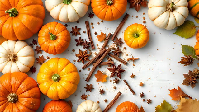 Rustic Autumn Food Composition with Pumpkins, Apples, and Cozy Fall Ingredients