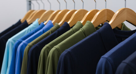 Obraz premium A row of folded polo shirts and t-shirts in blue, olive green, and black, hanging on light brown wooden hangers against a white wall.