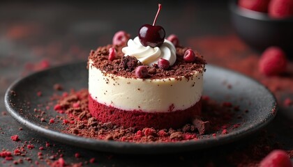 Gourmet red velvet cheesecake dessert with creamy white topping, cherry. Decadent chocolate crumb coating surrounds cake. Rich, sweet pastry presented elegantly on dark plate. Indulgent treat for