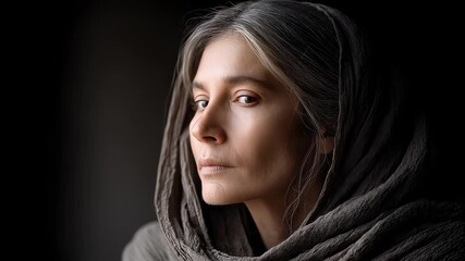 Close-up of a thoughtful mature woman with gray hair