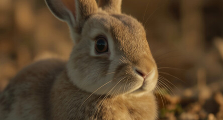 Obraz premium Adorable Young Brown Bunny in Nature - Close-Up Outdoor Wildlife Photography of Cute Rabbit with Soft Fur and Whiskers in Forest Spring Setting