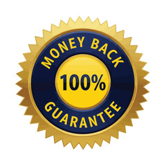 A golden starburst badge with a dark blue circle in the center that reads "MONEY BACK 100% GUARANTEE" in yellow text.