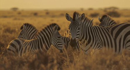 Fototapeta premium Beautiful Zebra Herd Grazing at Sunset: in the Grasslands