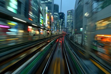 Obraz premium Rush through city lights at twilight along the busy train tracks of a vibrant urban landscape in the heart of downtown