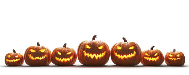 A group of eight lit spooky halloween pumpkins, Jack O Lantern with evil face and eyes isolated against a white background.