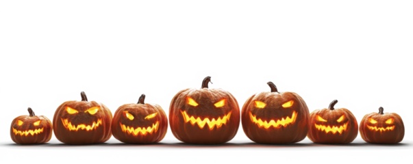 A group of eight lit spooky halloween pumpkins, Jack O Lantern with evil face and eyes isolated against a white background.
