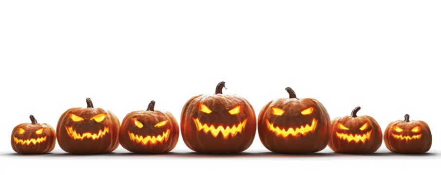 A group of eight lit spooky halloween pumpkins, Jack O Lantern with evil face and eyes isolated against a white background.

