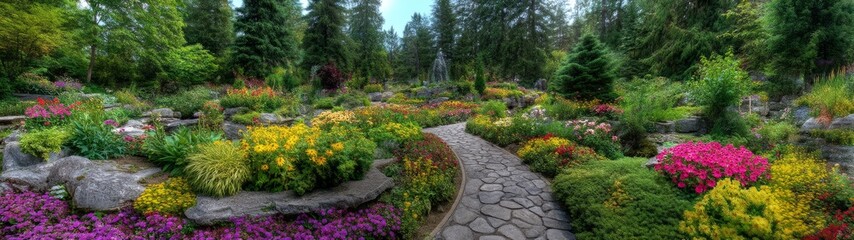 Fototapeta premium Exploring a vibrant flower garden pathway nature's beauty outdoor scene lush environment panoramic view