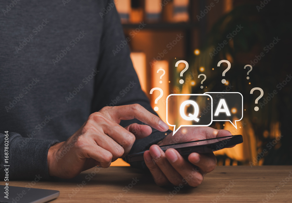 Poster Q&A Chat Interface and Online Support Concept. Person interacts with smartphone speech bubbles marked Q and A surrounded by question marks, symbolizing online help, FAQ systems, digital assistance.