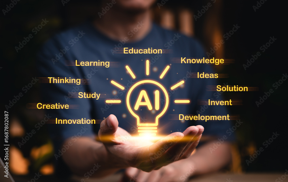 Poster ai in education and learning innovation concept. person holding ai light bulb with keywords like edu