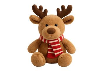 Cute plush reindeer toy wearing christmas scarf sitting on transparent background