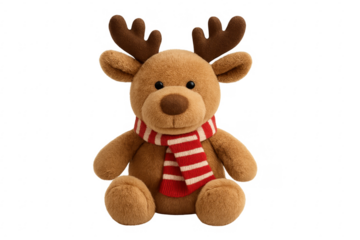 Cute plush reindeer toy wearing christmas scarf sitting on transparent background
