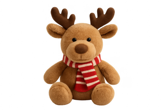 Cute plush reindeer toy wearing christmas scarf sitting on transparent background