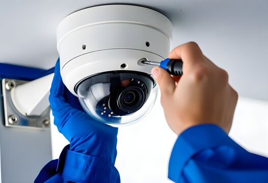 Technician installing or repairing a security camera.