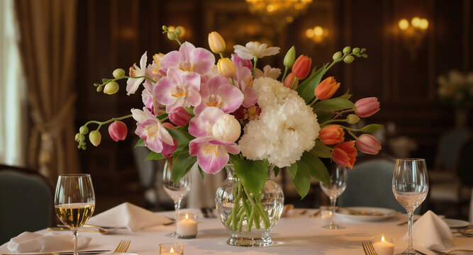 Elegant Floral Arrangement Centerpiece for Wedding Decoration: Orchids, Tulips, and White & Pink Flowers in Glass Vase for Luxury Dining and Romantic Restaurant Decor