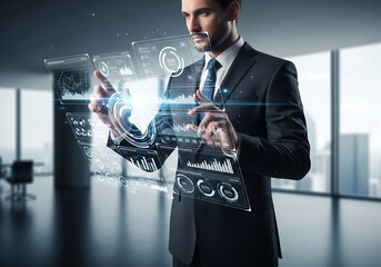 Professional navigating advanced holographic data interfaces, visualizing complex business concepts and strategic insights in a high-tech office setting