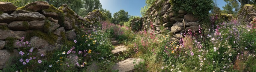 Obraz premium Exploring vibrant wildflowers among ancient ruins outdoor scenic view nature photography lush environment
