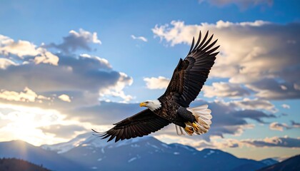 Fototapeta premium Majestic bald eagle soaring through a vibrant sky above a mountain range at sunrise.