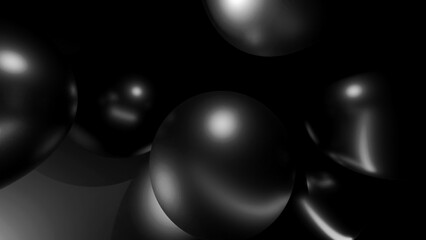 Abstract horizontal background with shiny black reflective spheres